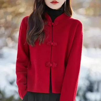 Женский кашемировый кардиган Qinghe кашемир 50% шерсть 50% шелк Женский осенне-зимний кашемировый кардиган мягкий и теплый M красный