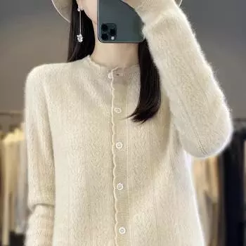 Женский кашемировый кардиган с круглым вырезом, кашемир Цинхэ, 30% кашемир, 70% шерсть, зимний вязаный пуловер, осенний свитер, кашемировый свитер L бежевый