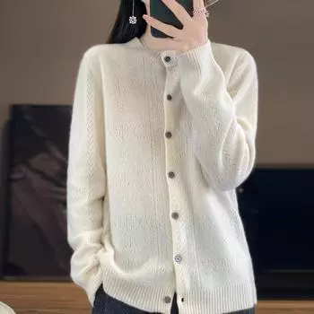 Женский кашемировый кардиган с круглым вырезом, кашемир Цинхэ, 30% кашемир, 70% шерсть, зимний вязаный пуловер, осенний свитер, кашемировый свитер