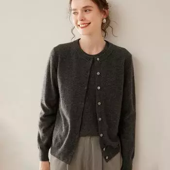 Женский кашемировый кардиган с круглым вырезом - Однобортный, средней толщины, приятный к коже вязаный свитер для весны и осени XL (suitable for 125-135 jin)