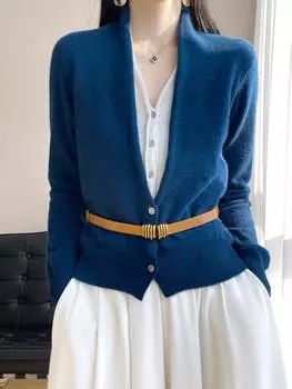 Женский кашемировый кардиган с V-образным вырезом, Qinghe кашемир, 30% кашемир, 70% шерсть, однотонный цвет