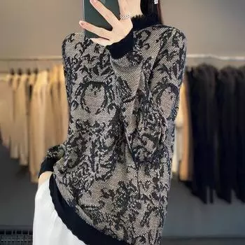 Женский кашемировый свитер Qinghe cashmere 50% шерсть 50% шелк тутового шелкопряда Женский осенне-зимний кашемировый свитер мягкий и теплый M чёрный