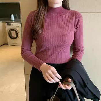 Женский кашемировый свитер Тонкий мягкий трикотажный джемпер с воротником-стойкой Однотонные футболки Полуводолазки свитера женские зимние One Size чёрный