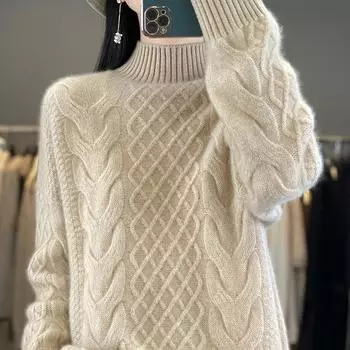 Женский кашемировый свитер, утолщенный кашемир Qinghe, 30% кашемир, 70% шерсть, женский осенне-зимний кашемировый пуловер, мягкий и теплый XXL бежевый