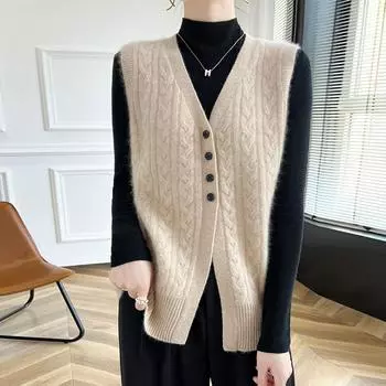 Женский кашемировый жилет Qinghe кашемир 30% кашемир 70% шерсть осенне-зимний кашемировый жилет мягкий и теплый L бежевый