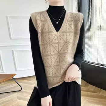 Женский кашемировый жилет Qinghe кашемир 30% кашемир 70% шерсть осенне-зимний кашемировый жилет мягкий и теплый L бежевый