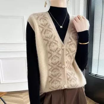 Женский кашемировый жилет Qinghe кашемир 30% кашемир 70% шерсть осенне-зимний кашемировый жилет мягкий и теплый L бежевый