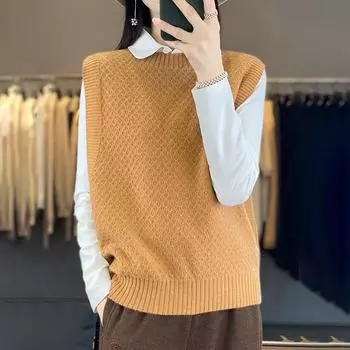 Женский кашемировый жилет Qinghe кашемир 30% кашемир 70% шерсть Женский осенне-зимний кашемировый жилет мягкий и теплый M бежевый