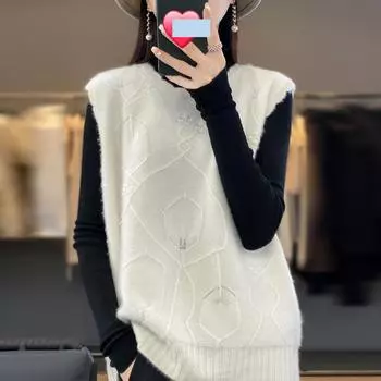 Женский кашемировый жилет с круглым вырезом, связанный крючком, кашемир Цинхэ, 30% кашемир, 70% шерсть, зимний вязаный пуловер, осенний свитер, кашемировый свитер M бежевый