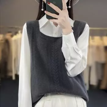 Женский кашемировый жилет с квадратным вырезом, кашемир Qinghe, 30% кашемир, 70% шерсть, зимний вязаный пуловер, осенний свитер, кашемировый свитер M бежевый