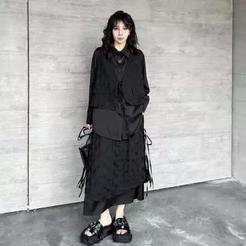 Женский китайский стиль, раздельный: Свободная рубашка с длинными рукавами и юбка с высокой талией, идеально подходит для весны и осени. M [45-65kg]