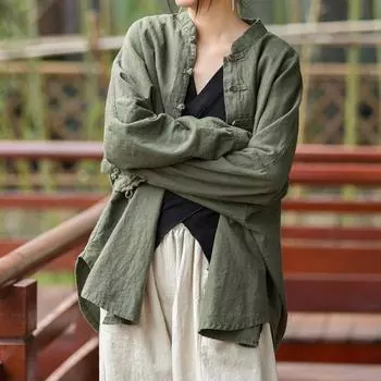 Женский китайский традиционный костюм Тан, льняной дзен-чай, ханьфу, женские топы тайцзи-кунг-фу, винтажная хлопковая женская одежда One size абрикосовый