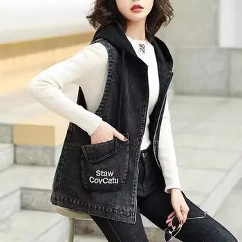 Женский классический джинсовый жилет, весна-осень, винтажная модная куртка без рукавов средней длины с капюшоном, пальто 2XL чёрный