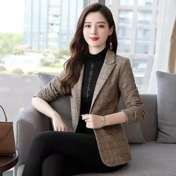 Женский классический клетчатый пиджак, корейская мода, тонкий шерстяной пиджак с длинными рукавами и v-образным вырезом, женская винтажная верхняя одежда на весну и осень M