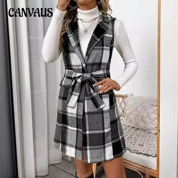 Женский классический клетчатый жилет, пиджак премиум-класса Sense с завязкой на талии, длинный жилет без рукавов S светло-серый