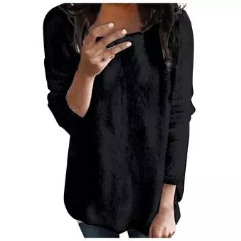 Женский классический осенне-зимний модный плюшевый теплый пуловер с круглым вырезом L чёрный