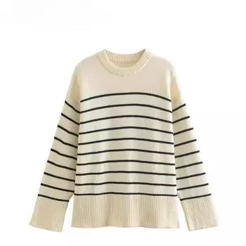 Женский классический полосатый принт, повседневный свободный вязаный свитер, женские шикарные топы для отдыха с длинным рукавом с разрезом по бокам S бежевый