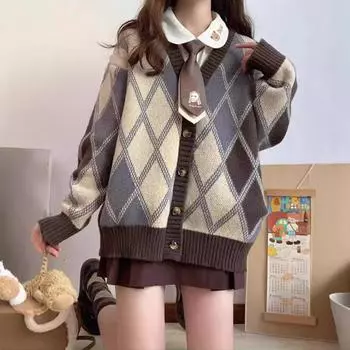Женский клетчатый кардиган, вязаный свитер Harajuku Y2k, длинный рукав, V-образный вырез, свитер, джемпер, винтажная эстетика 2000-х, осень One size бежевый/коричневый