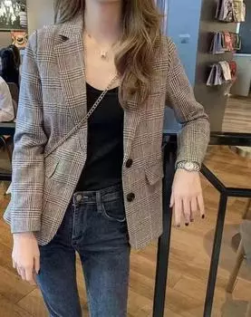 Женский клетчатый пиджак, коллекция весна/осень 2024 г. — облегающий, короткий фасон, модный студенческий образ 2XL