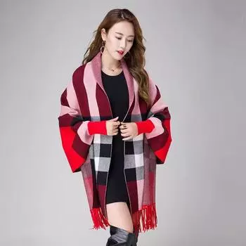 Женский клетчатый повседневный кардиган с кисточками из толстой шали для осенних и зимних нарядов свитер one size красный