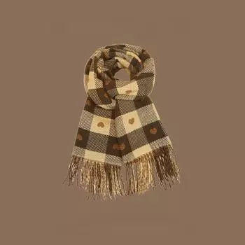Женский клетчатый шарф Love Coffee для осени и зимы, милый и универсальный теплый клетчатый шарф с кисточками для корейских студентов в стиле ретро one size