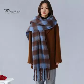 Женский клетчатый шарф, объемный, большой, зимний, шаль с кисточками, в стиле ретро, литературный, теплый, широкий шарф для женщин, подарки розовый