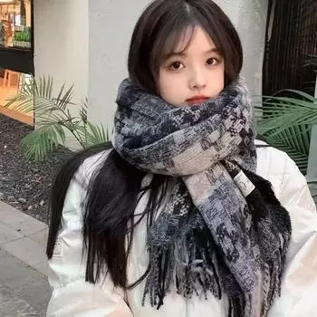 «Женский клетчатый шарф с кисточками»: Осень и зима, универсальная, теплая, плотная, для студентов и пар Korean large version синий/кофейный
