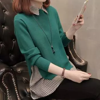 Женский клетчатый свитер Женский вязаный свободный корейский свитер с длинным рукавом One Size зелёный