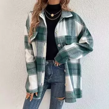 Женский клетчатый топ средней длины с длинными рукавами и повседневным стилем S зелёный