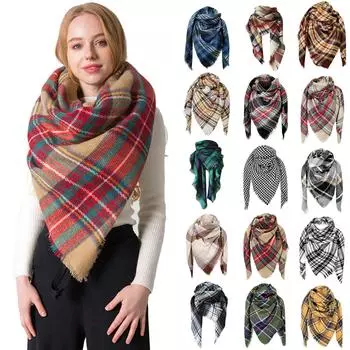 Женский клетчатый вязаный шарф, шаль из пашмины, накидка с кисточками хаки