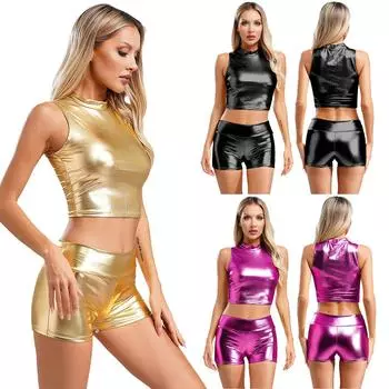 Женский клубный костюм для танца на пилоне, танцевальный костюм для черлидинга, укороченный топ с блестящими шортами для карнавальной вечеринки, музыкального фестиваля, рейвов M горячий розовый