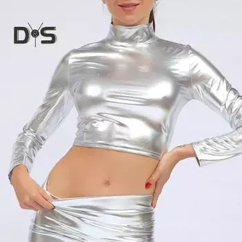 Женский клубный топ из глянцевой искусственной кожи с высоким воротником, однотонный, с открытой талией, с длинными рукавами, узкий пуловер, эластичная футболка для ночного клуба, сценического шоу, вечеринки XL синий/фиолетовый