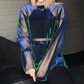 Женский клубный топ, прозрачный свободный пуловер с круглым вырезом и длинными рукавами, клубная одежда, тонкая сетчатая женская клубная футболка, женская одежда S зелёный/синий