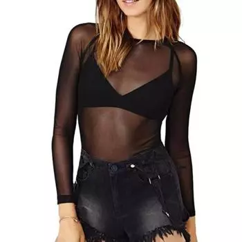 Женский клубный топ, прозрачный ультратонкий сетчатый сплошной цвет с длинными рукавами, мягкий дышащий пуловер с круглым вырезом, эластичный облегающий пляжный топ в стиле панк M чёрный