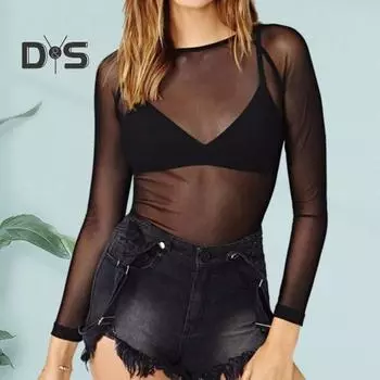 Женский клубный топ, прозрачный, ультратонкий, сетчатый, с длинным рукавом, однотонный, мягкий, дышащий, с круглым вырезом, эластичный, облегающий, панк, пляжный топ XL чёрный