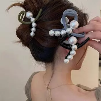 Женский коготь для волос, зажим для волос из искусственного жемчуга, декор с крестом, сильный коготь, контрастный цвет, противоскользящий инструмент для укладки волос с перекрестными зубцами чёрный