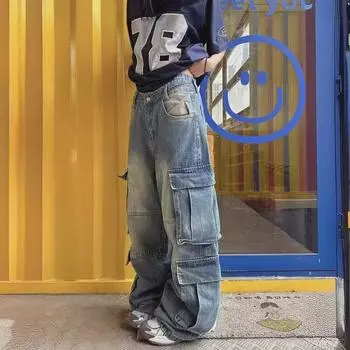 Женский комбинезон American Retro High Street Wide-Leg 2024 года – Модные прямые джинсы S синий