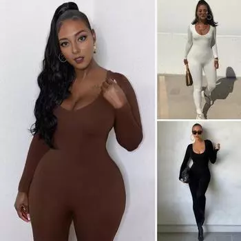 Женский комбинезон бесшовный круглый вырез с приподнятой посадкой облегающий однотонный компрессионный однотонный цвет L кофейный