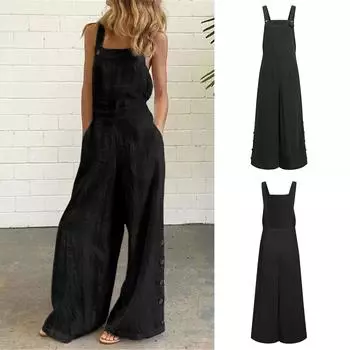 Женский комбинезон без рукавов, комбинезон, повседневные однотонные летние широкие брюки-комбинезон XXL чёрный