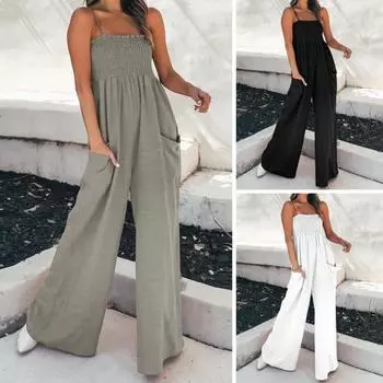 Женский комбинезон без рукавов на тонких бретельках в рубчик с широкими штанинами, летний комбинезон, одежда для свиданий M серый