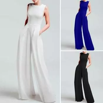 Женский комбинезон без рукавов, однотонный, с широкими штанинами и круглым вырезом, облегающий, с высокой талией, с карманами, мягкий L синий