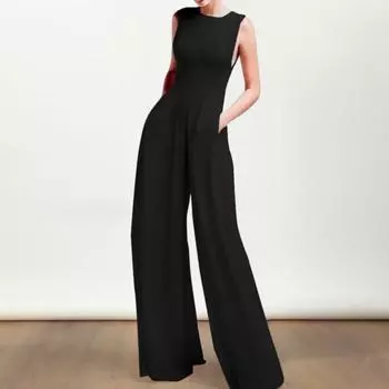 Женский комбинезон без рукавов, однотонный, с широкими штанинами и круглым вырезом, облегающий комбинезон с высокой талией и карманами, мягкий формальный комбинезон в пол... M белый