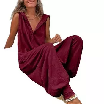 Женский комбинезон без рукавов, однотонный, с v-образным вырезом, на пуговицах, свободный детский мягкий дышащий женский летний длинный комбинезон L вино красного