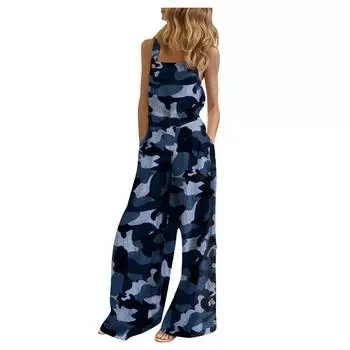 Женский комбинезон без рукавов, повседневный комбинезон с принтом, летние широкие брюки-комбинезон S синий