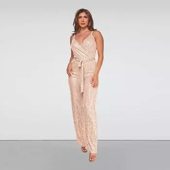 Женский комбинезон без рукавов с бретелькой через шею и глубоким V-образным вырезом и широкими штанинами S розы красного