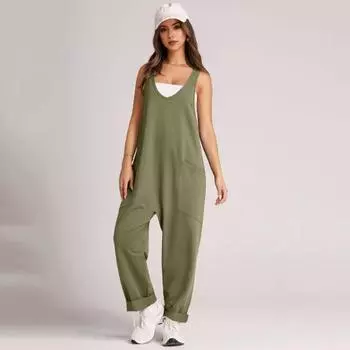 Женский комбинезон без рукавов с глубоким промежностью и V-образным вырезом на ногах, боковые карманы, свободный, с широким вырезом, повседневный, мягкий, повседневный M чёрный