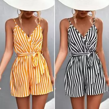 Женский комбинезон без рукавов с глубоким V-образным вырезом и полосатым принтом контрастного цвета с узкой талией, летний комбинезон, женская одежда L чёрный
