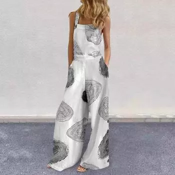 Женский комбинезон без рукавов с квадратным вырезом, открытой спиной, широкими штанинами, свободный, с глубоким промежностью и принтом по боковым карманам, повседневный полный XL синий