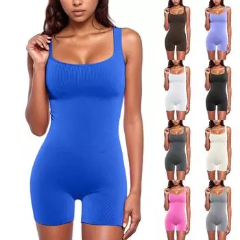 Женский комбинезон без рукавов с квадратным вырезом и подъемом бедер, облегающий сексуальный комбинезон с шортами L бежевый