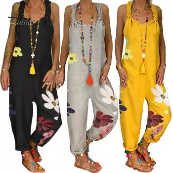 Женский комбинезон без рукавов с нагрудником без спинки и цветочным принтом M жёлтый